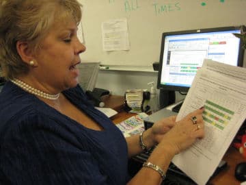 School superintendent sitting at a desk and reviewing a chart